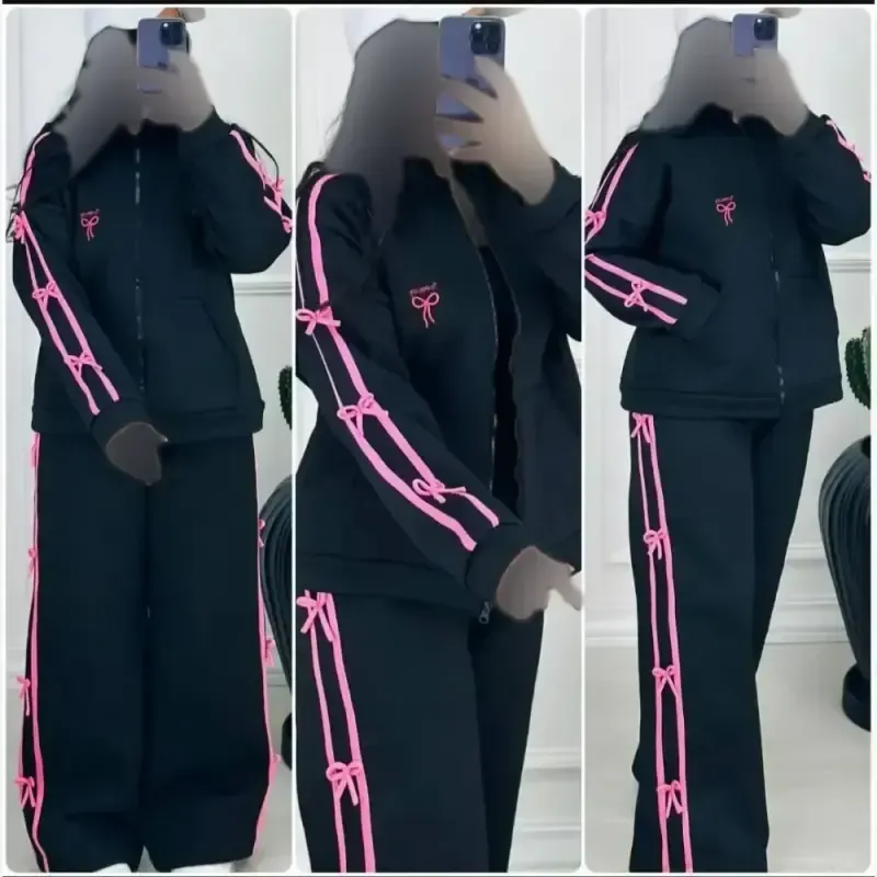 ست سویشرت شلوار زنانه پاتریک رنگ مشکی جنس دورس سه نخ سایز فری سایز