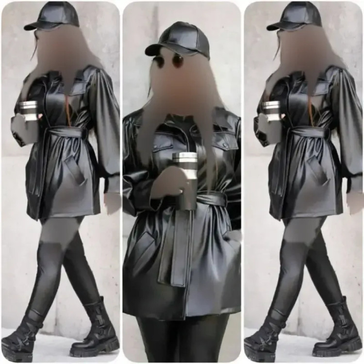کاپشن چرم زنانه مدل یاشین رنگ مشکی سایز فری 38 تا 46 کمربنددار