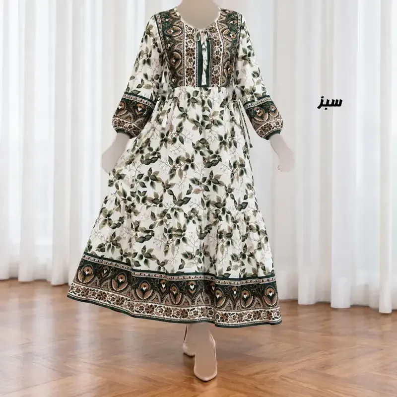 پیراهن ساحلی زنانه حاشیه دار برگ فری سایز نخی کمربنددار