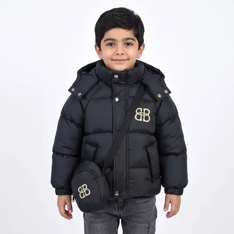 کاپشن باکسی پفکی پسرانه مشکی شمعی همراه کیف